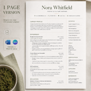 Moss Editorial People & Culture Resume Suite | 1 & 2 Page Canva & Word Templates