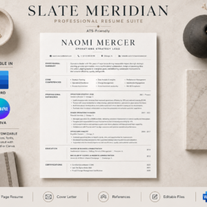 Slate Meridian Operations Strategy Resume Suite | 1 & 2 Page Canva & Word Templates